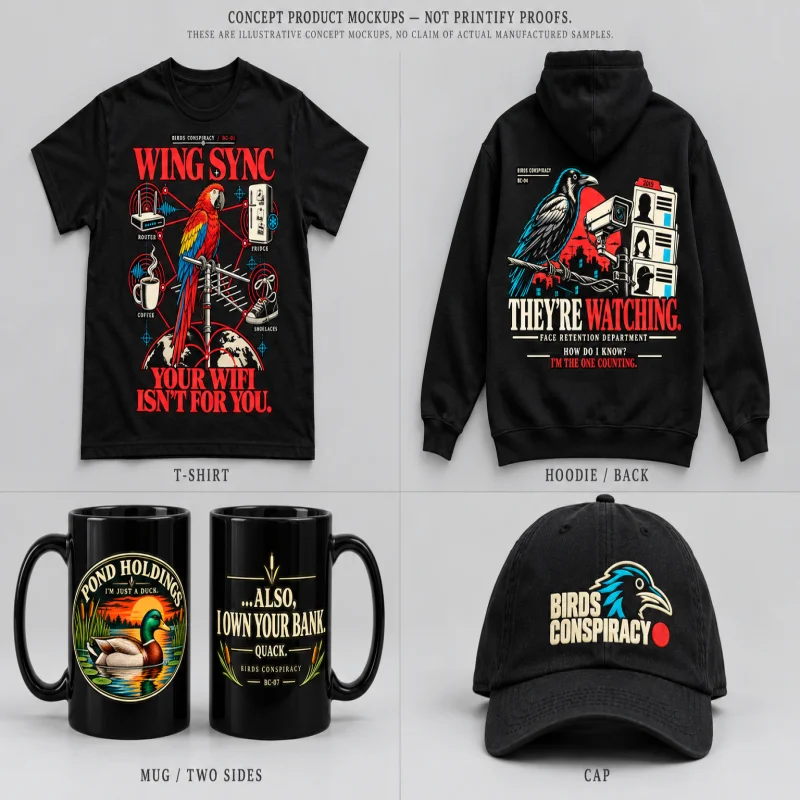 Birds Conspiracy Merch Collection: Wing Sync Tee, Face Retention Hoodie, Pond Holdings Mug, Evidence Unit Cap